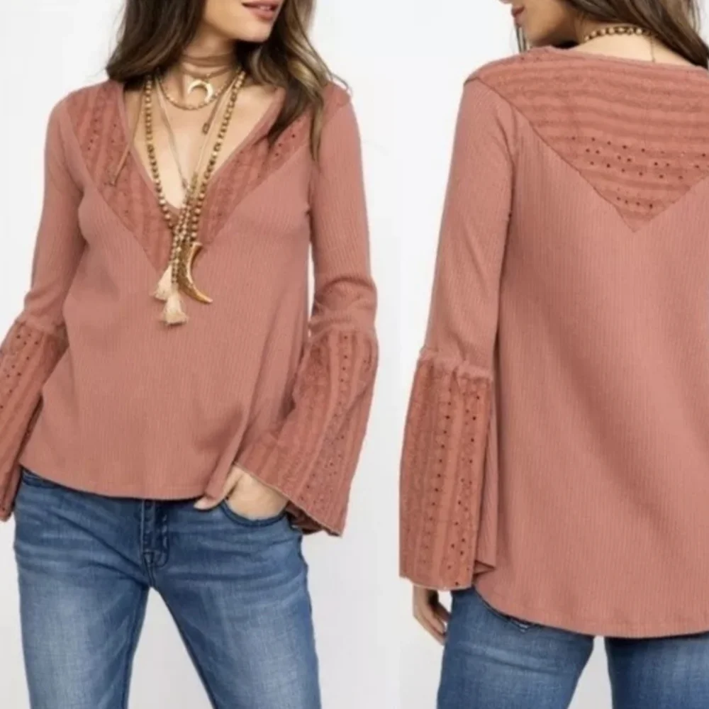 Free People Parisian Nights Pink Eyelet Bell Sleeve Waffle Knit Top size S - Picture 2 of 10